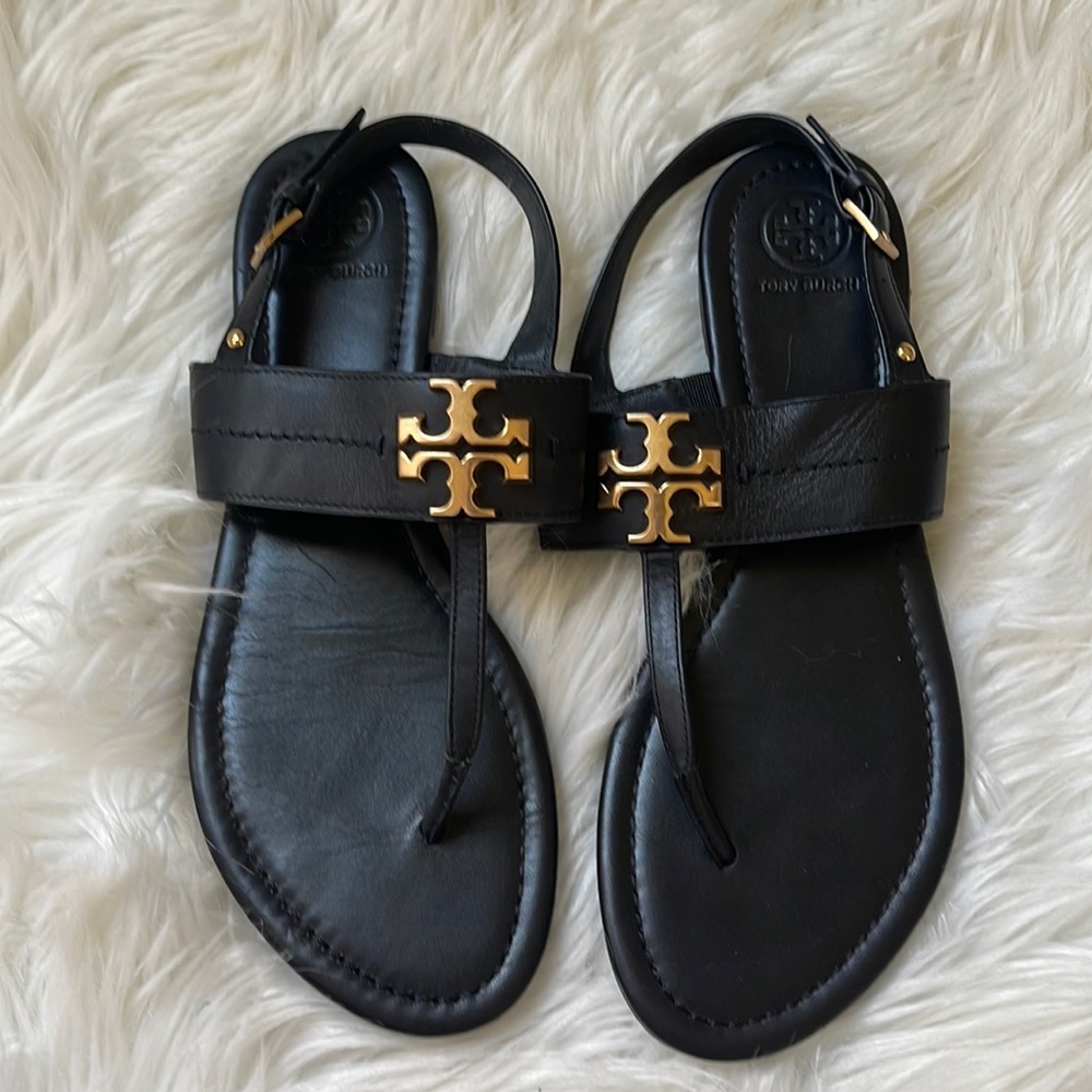 Black Tory Burch sling back leather sandals